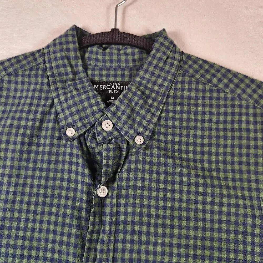 J Crew Mercantile Flex Shirt M Green Blue Gingham Button Down Long Sleeve Casual